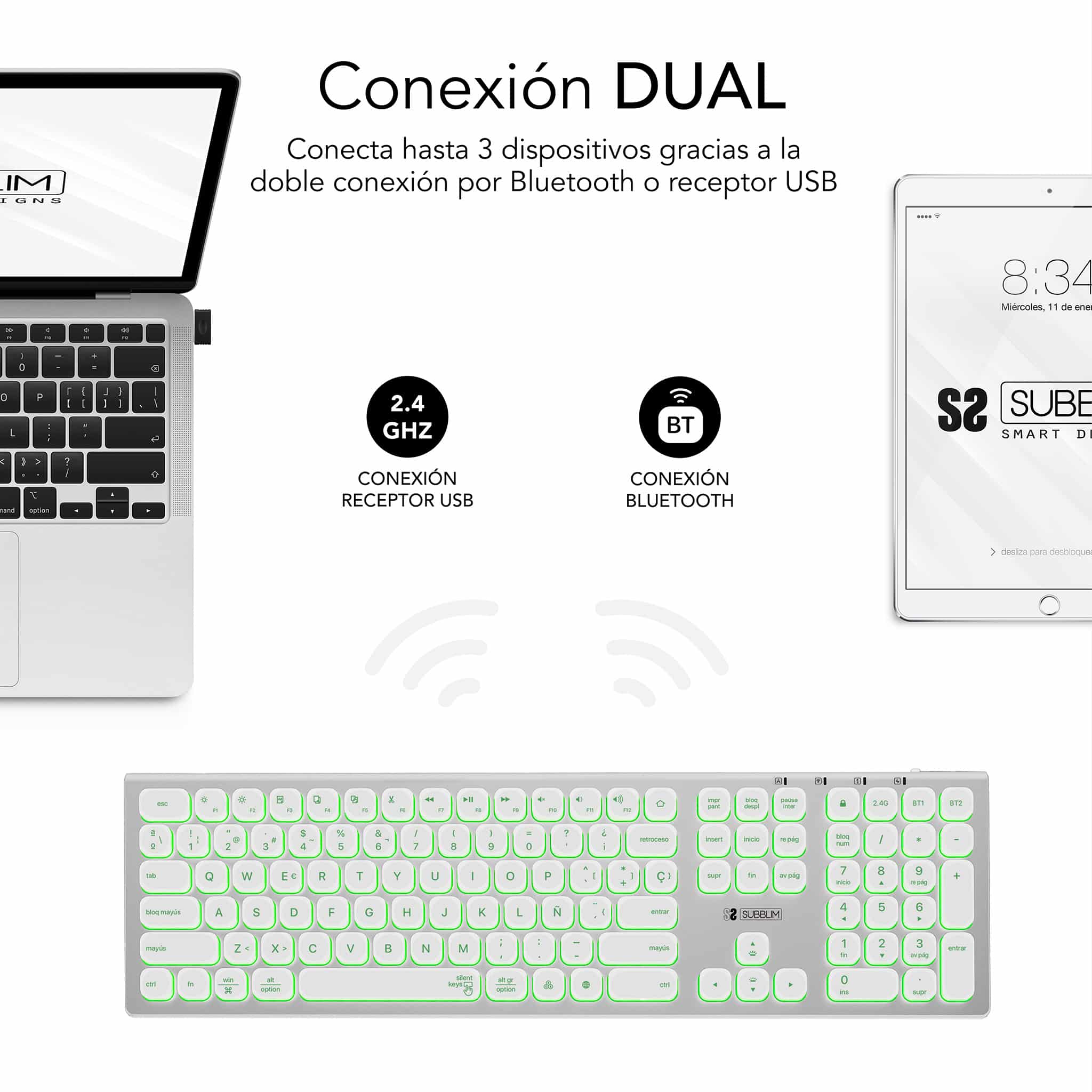 Comprar Teclado Bluetooth retroiluminado Múltiples dispositivos Teclado  inalámbrico recargable multidispositivo de tamaño completo para Windows Mac  Android