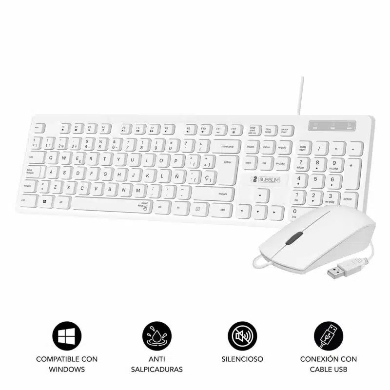 Slim Silent Business Keyboard and Mouse Combo with USB Cable, White
