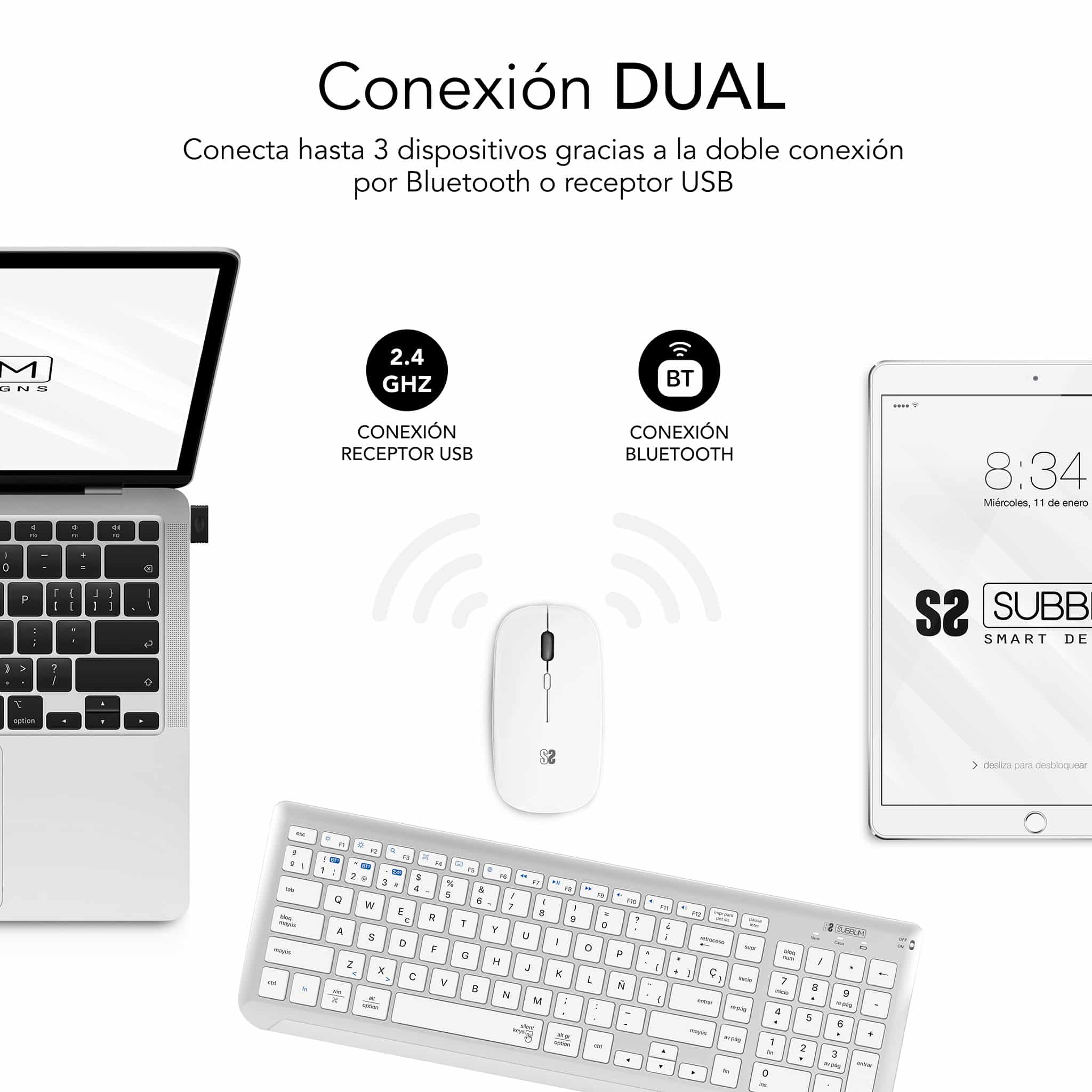 ✅ Conectividad dual Radiofrecuencia con receptor USB + Bluetooth