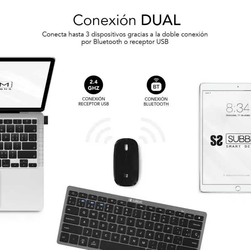 Teclado e mouse Bluetooth + combo multidispositivo compacto 2.4G cinza preto - Image 2