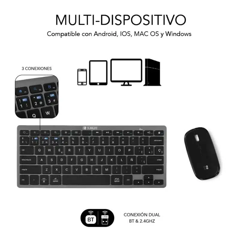 Teclado e mouse Bluetooth + combo multidispositivo compacto 2.4G cinza preto - Image 6