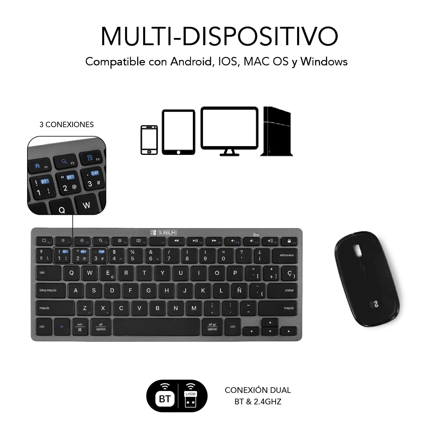 Teclado español multidispositivo con soporte para tablet