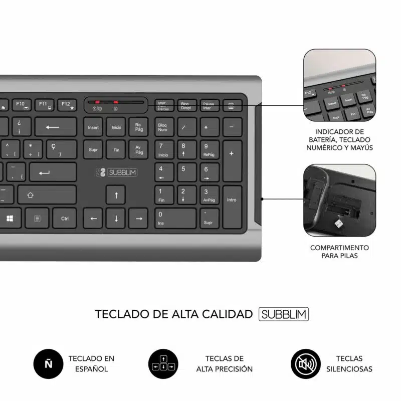 Clavier et souris sans fil ultra-fins et silencieux de qualité supérieure, gris et noir – Image 3