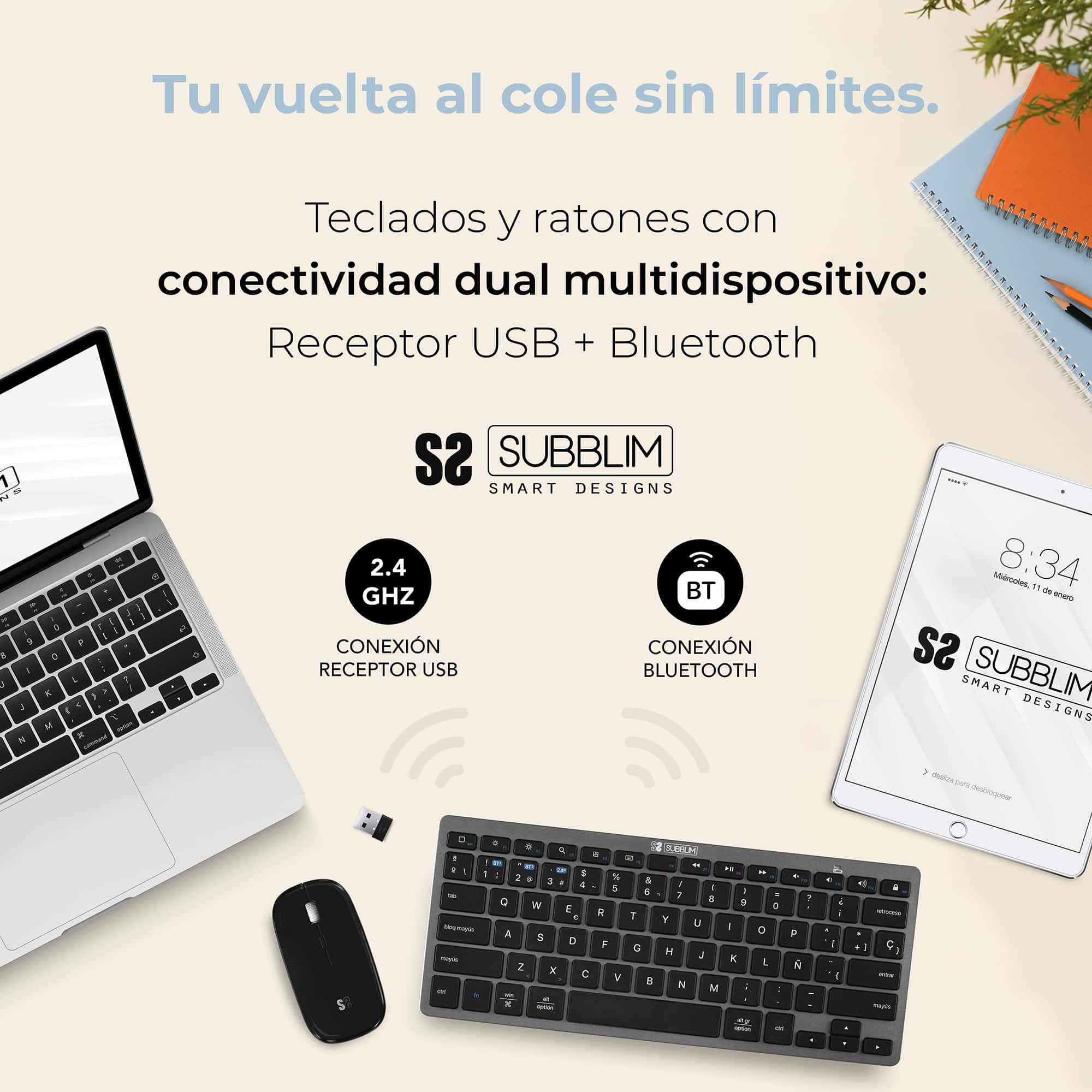 ✅ Conectividad dual Radiofrecuencia con receptor USB + Bluetooth