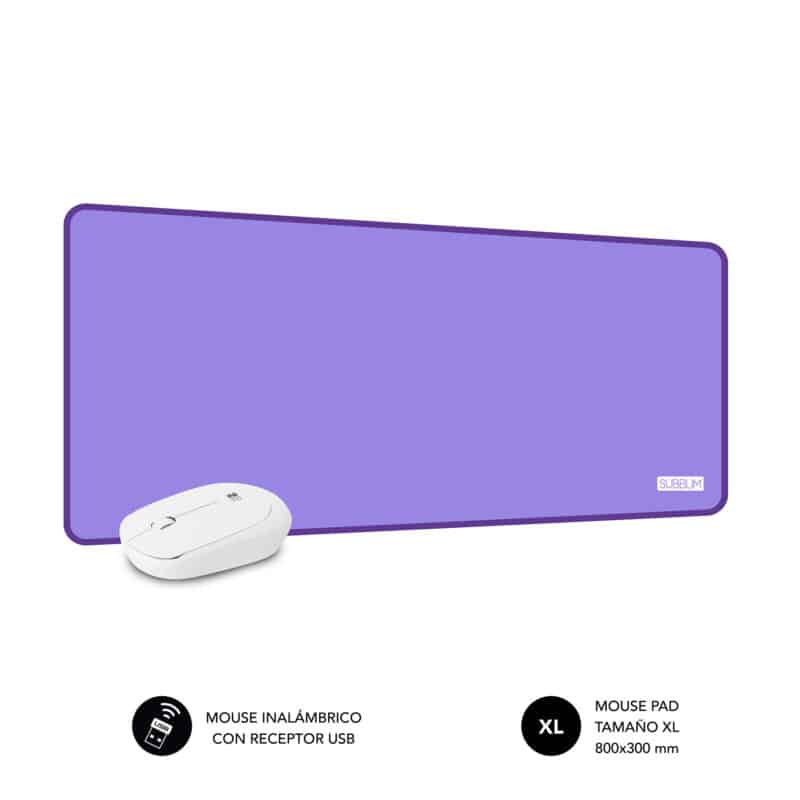 pack de alfombrilla grande en color lila con ratón wireless blanco, ideal para juegos y trabajo