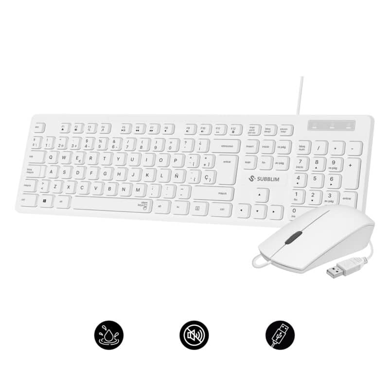Ensemble clavier et souris professionnels fins et silencieux avec câble USB, blanc