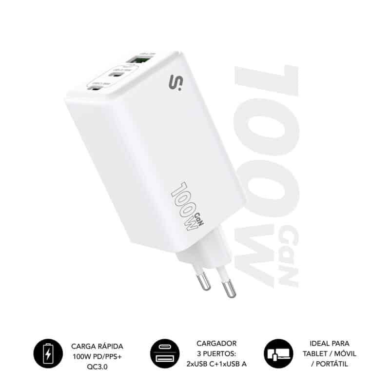 Cargador SUBBLIM GaN 100W USB-C, 3 Puertos (2x USB-C + 1x USB-A)