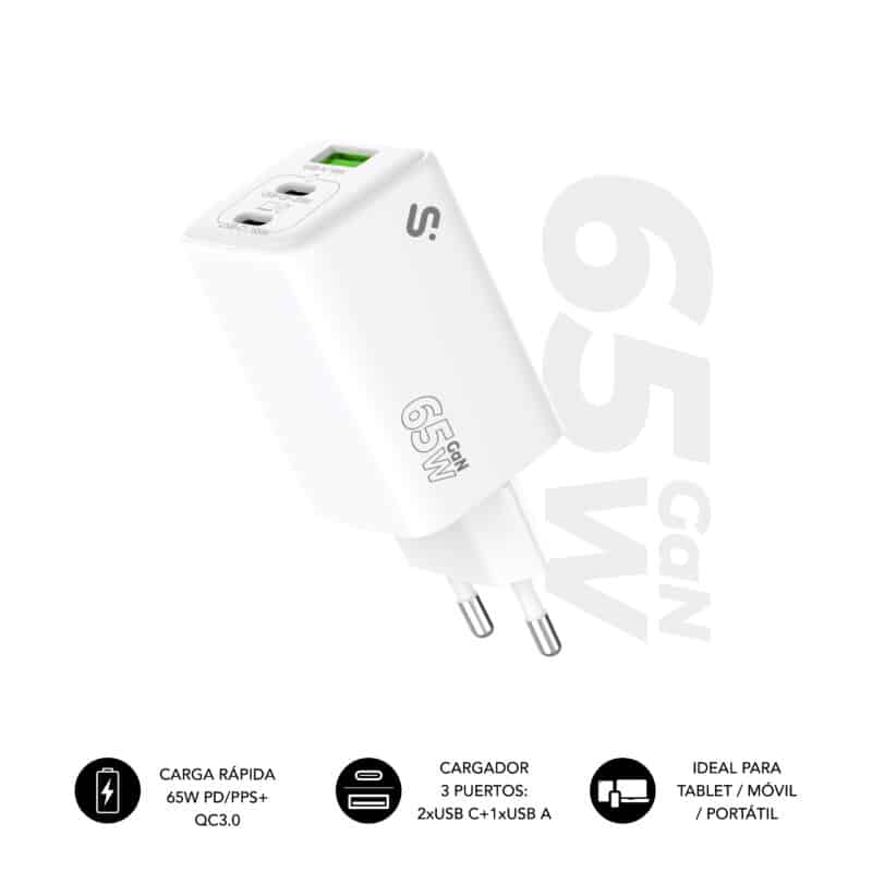 Cargador SUBBLIM GaN 65W USB-C + USB-C + USB-A